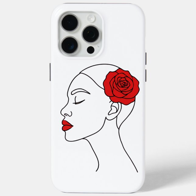 Line Art Portrait of Woman with Red Rose Case-Mate iPhone Case (Back)