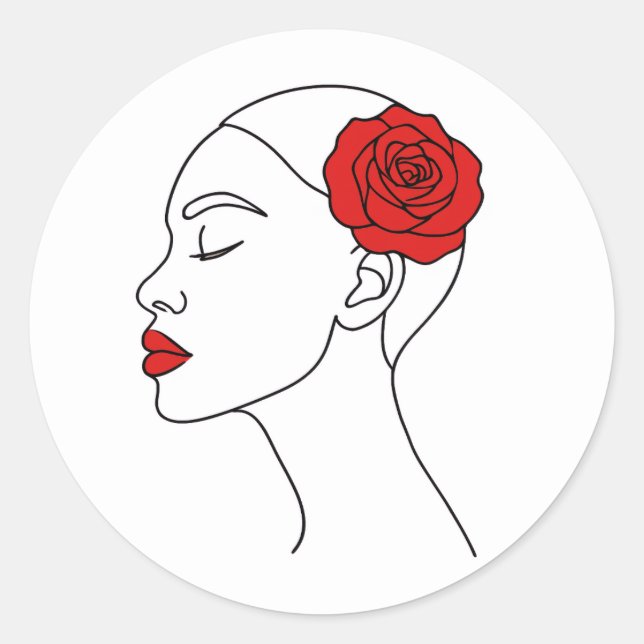 Line Art Portrait of Woman with Red Rose Classic Round Sticker (Front)