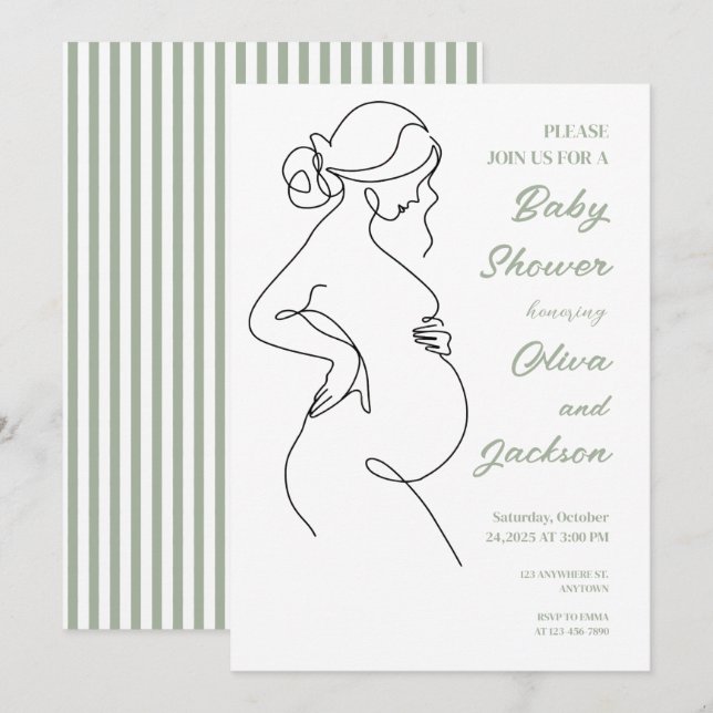 Line Art Pregnancy Minimalist Baby Shower Invitation (Front/Back)