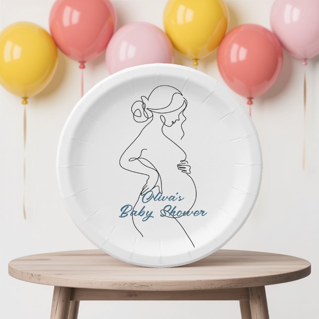 Line Art Pregnancy Silhouette Baby Shower  Paper Plate (Creator Uploaded)