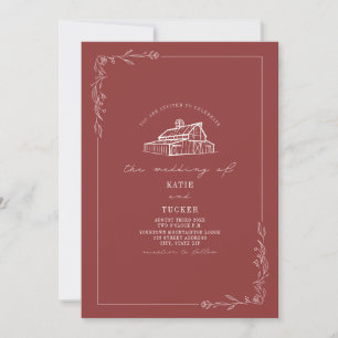 Line Art Rustic Barn Muted Red Wedding QR Invitation
