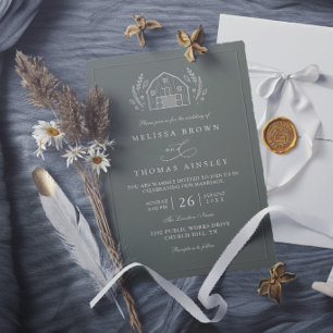 Line Art Rustic Barn Sage Green Elegant Wedding Invitation