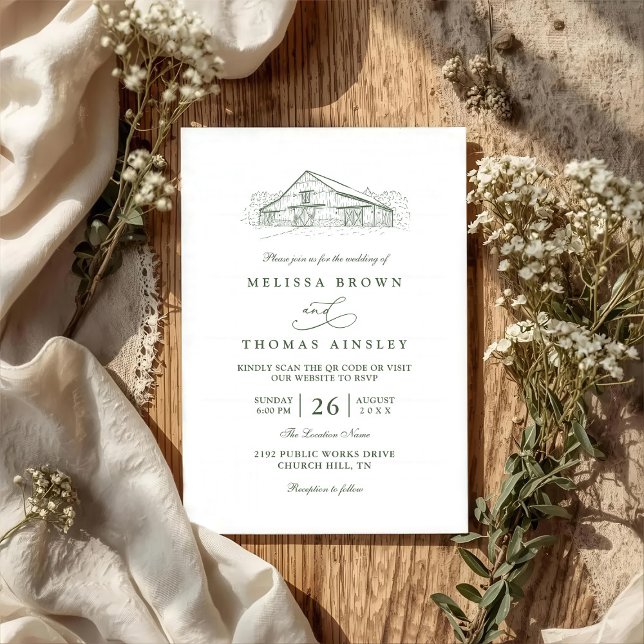 Line Art Rustic Barn Sage Green QR Code Wedding Invitation (Creator Uploaded)