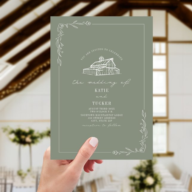 Line Art Rustic Barn Sage Green Wedding  Invitation (Creator Uploaded)