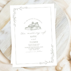 Line Art Rustic Barn Sage Green White Wedding Invitation
