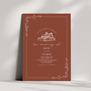 Line Art Rustic Barn Terracotta Wedding  Invitation