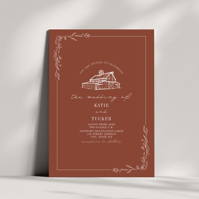 Line Art Rustic Barn Terracotta Wedding  Invitation (Creator Uploaded)