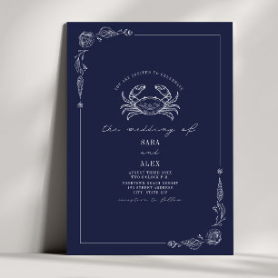 Line Art Rustic Navy Blue Crab Beach Wedding  Invitation