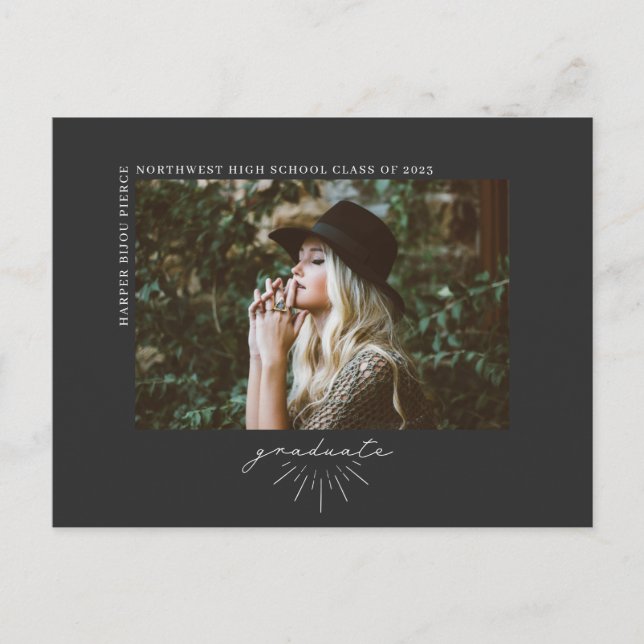 Line Art Script Graduation Photo Announcement Grey Postcard (Front)