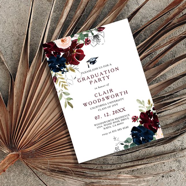 Line Art Sketch Burgundy Navy Floral Graduation  Invitation (Creator Uploaded)