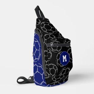line art soccer balls on blue black colour blocks sling bag
