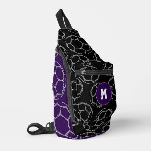 line art soccer balls on purple black colour block sling bag