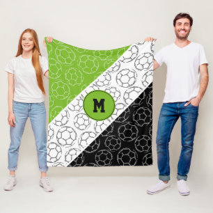 line art soccer balls pattern on green white black fleece blanket