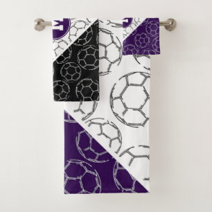 line art soccer balls pattern purple white black bath towel set