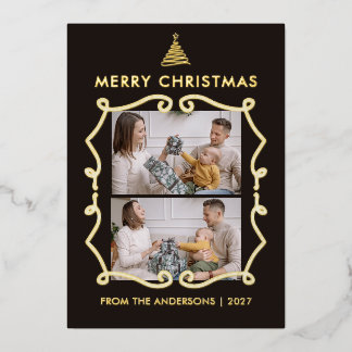 Line Art Tree Whimsical Frame 2 Photo Christmas Foil Holiday Card