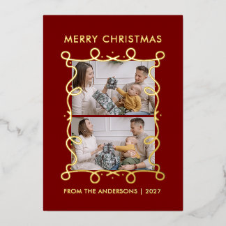 Line Art Tree Whimsical Frame 2 Photo Christmas Foil Holiday Card