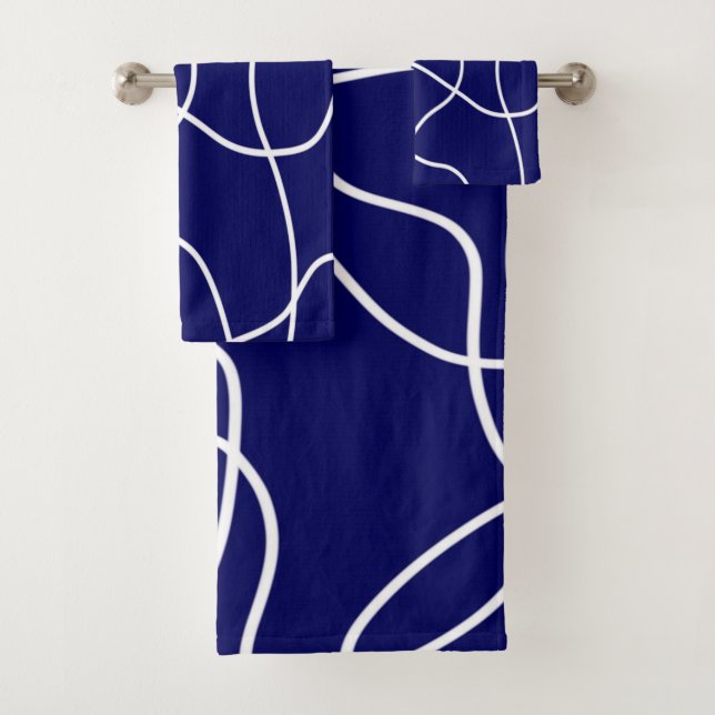 Line Art: White on Dark Blue Bath Towel Set (Insitu)