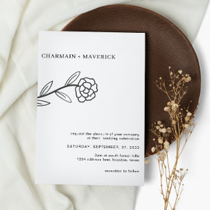 Line Art Wildflower Boho Black and White Wedding Invitation
