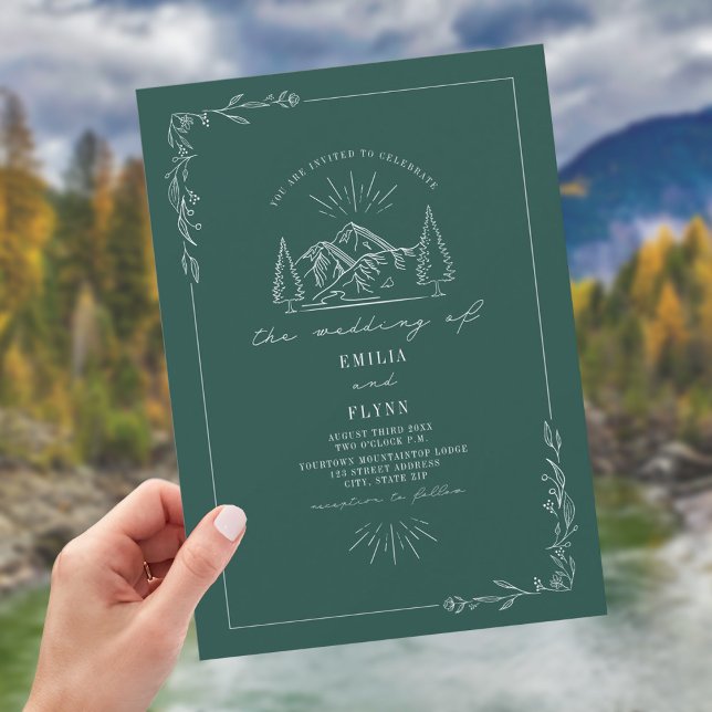 Line Art Woodland Mountain Dark Teal Wedding Invitation (Creator Uploaded)