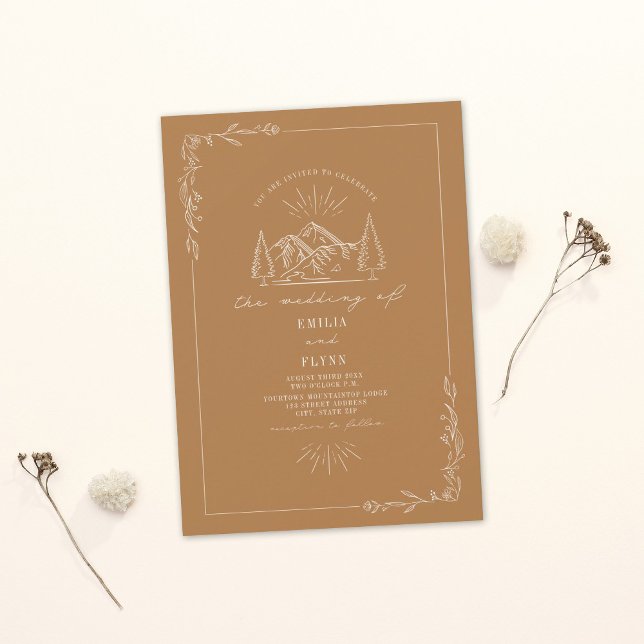 Line Art Woodland Mountain Goldenrod Wedding Invitation (Creator Uploaded)