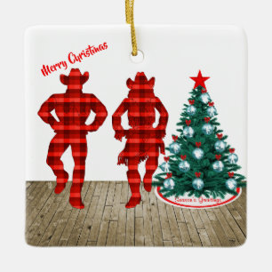 Line  Dancers  With Red Plaid Merry Christmas Ceramic Ornament