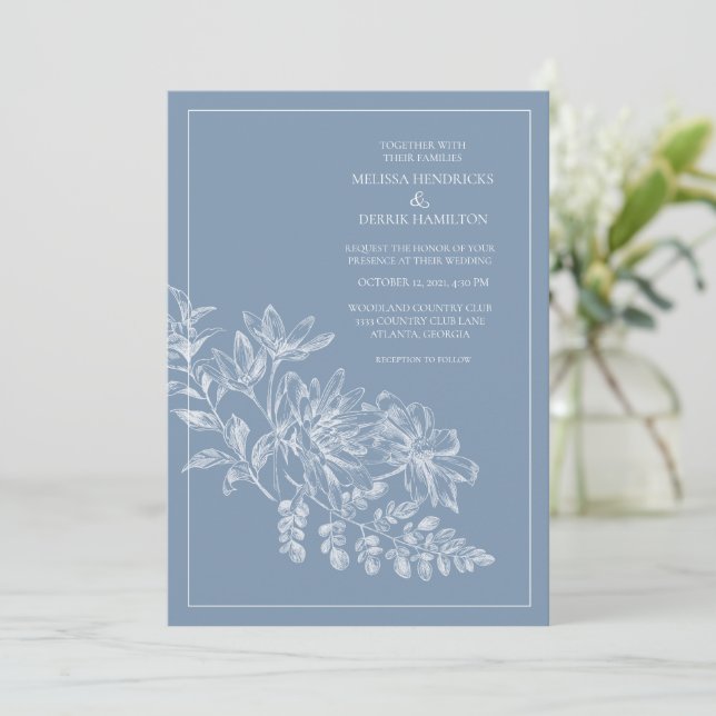 Line Drawing Blue Periwinkle Wedding Invitation (Standing Front)