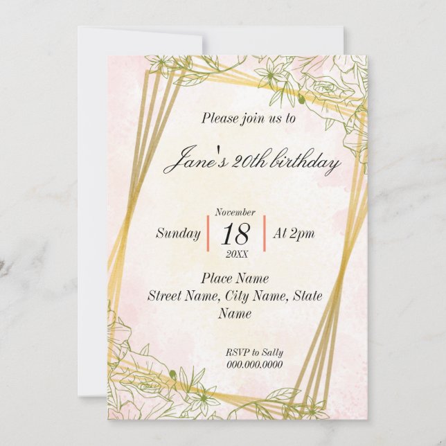Line Drawing Flowers Gold Geometric Simple  Invitation (Front)