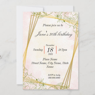 Line Drawing Flowers Gold Geometric Simple  Invitation