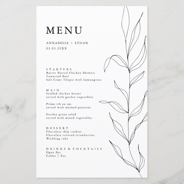 Line Drawing Foliage Leaf Menu Card (Front)