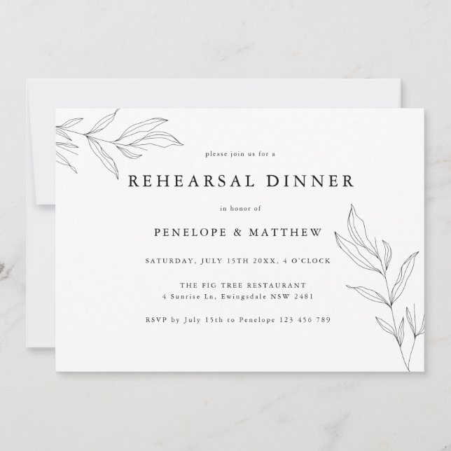 Line Drawing Foliage Leaf Rehearsal Dinner (Front)