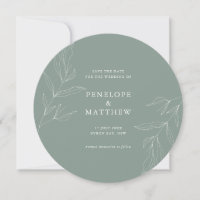 Line Drawing Foliage Sage Round Wedding Invitation