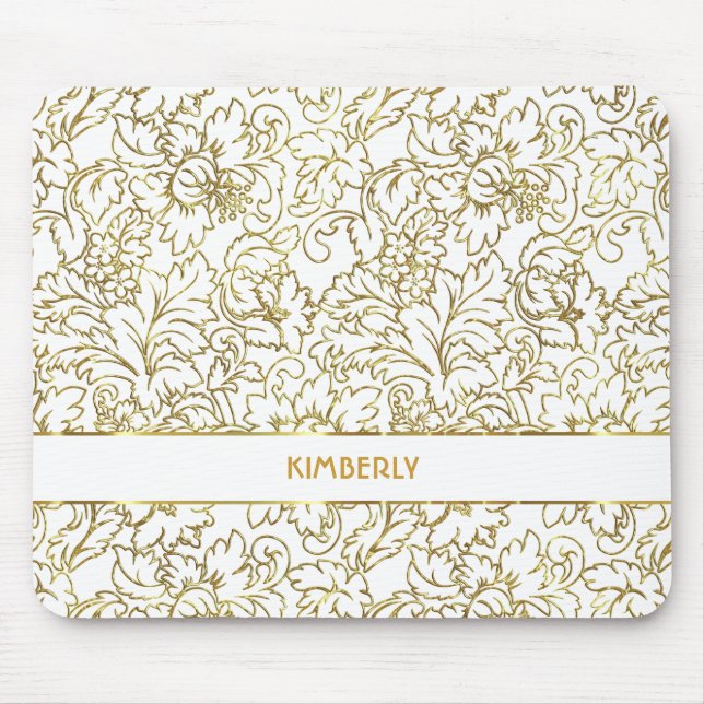Line Drawing Gold Floral Damasks White Background Mouse Mat (Front)