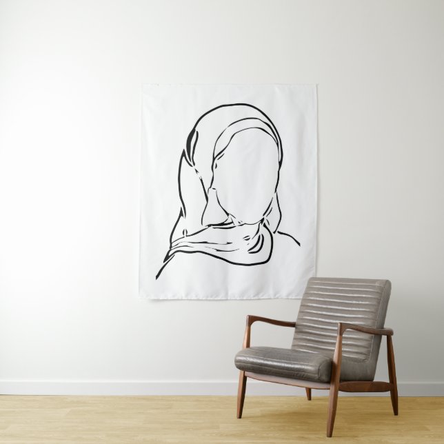 Line Drawing Muslim Girl Hijab Arab Woman Isolated Tapestry (In Situ)