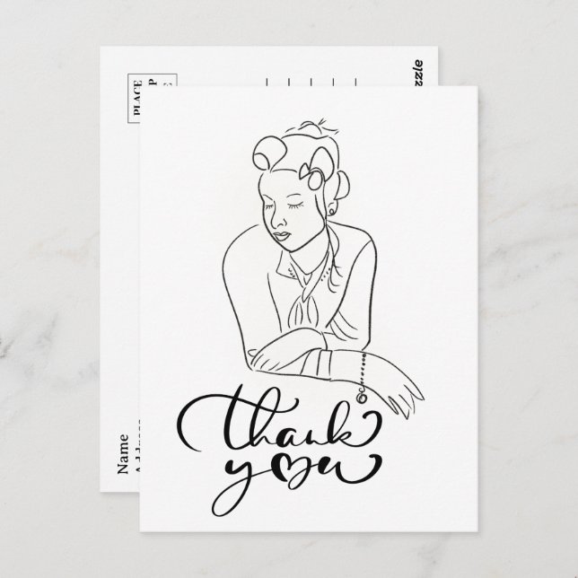 LINE DRAWING of 1940s Woman Thank You  Postcard (Front/Back)