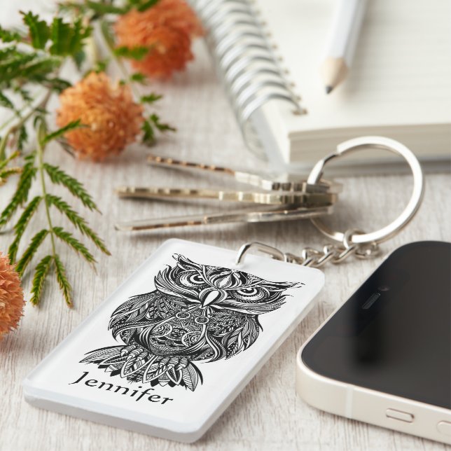 Line Drawing Owl Bird Graphic Art Key Ring (Front Right)