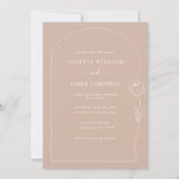 Line Drawing Rose Flower Latte Wedding Invitation