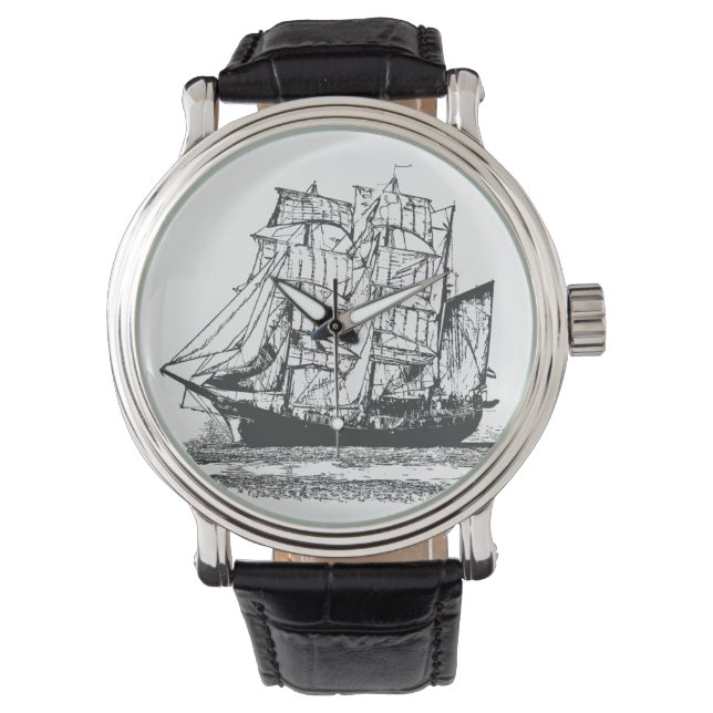 Line drawing Sailboat Windjammer Nautical Watch (Front)