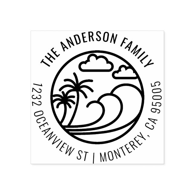 Line Drawing Tropical Wave Family Return Address Rubber Stamp (Imprint)