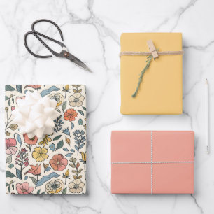 Line Drawn Floral Retro Pastel Boho Wrapping Paper