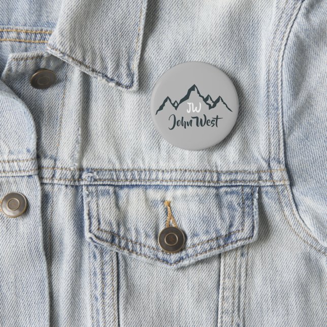 Line drawn mountain range personalizable monogram 6 cm round badge (In Situ)