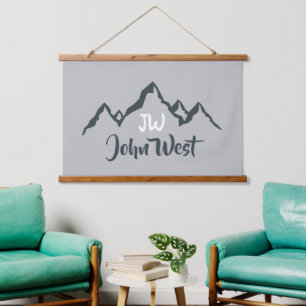 Line drawn mountain range personalizable monogram hanging tapestry