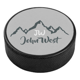 Line drawn mountain range personalizable monogram hockey puck