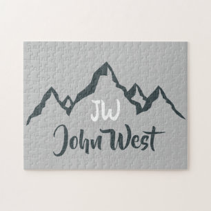 Line drawn mountain range personalizable monogram jigsaw puzzle