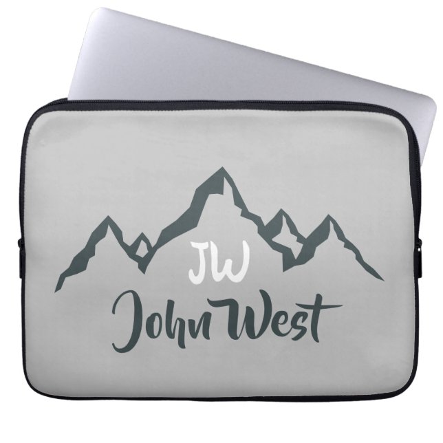Line drawn mountain range personalizable monogram laptop sleeve (Front)