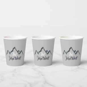 Line drawn mountain range personalizable monogram paper cups