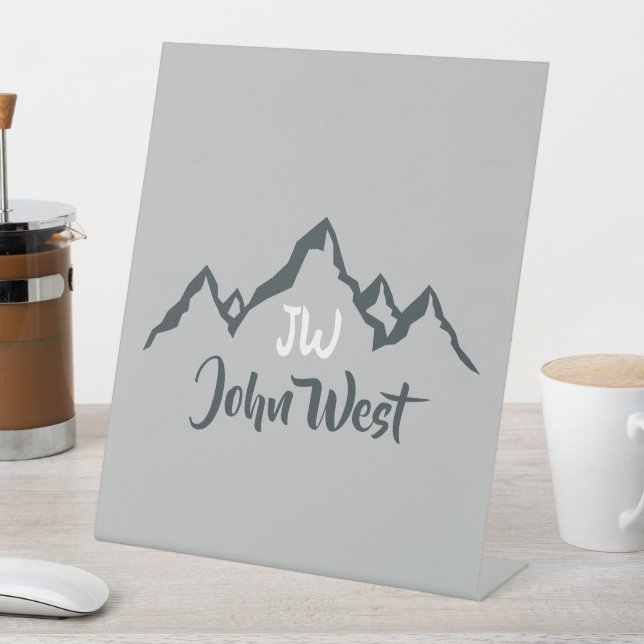 Line drawn mountain range personalizable monogram pedestal sign (In SItu)
