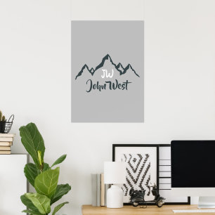 Line drawn mountain range personalizable monogram poster