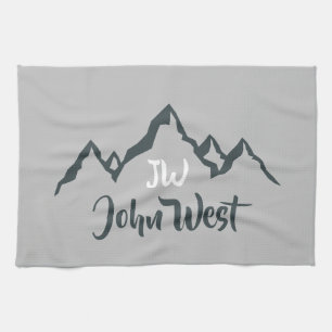 Line drawn mountain range personalizable monogram tea towel