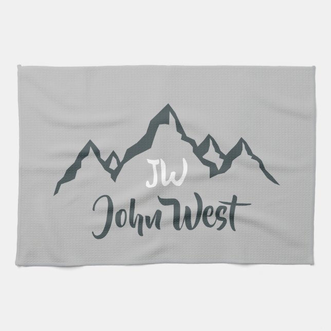Line drawn mountain range personalizable monogram tea towel (Horizontal)