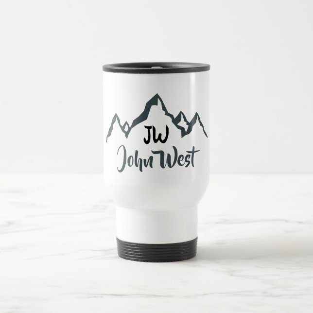 Line drawn mountain range personalizable monogram travel mug (Center)